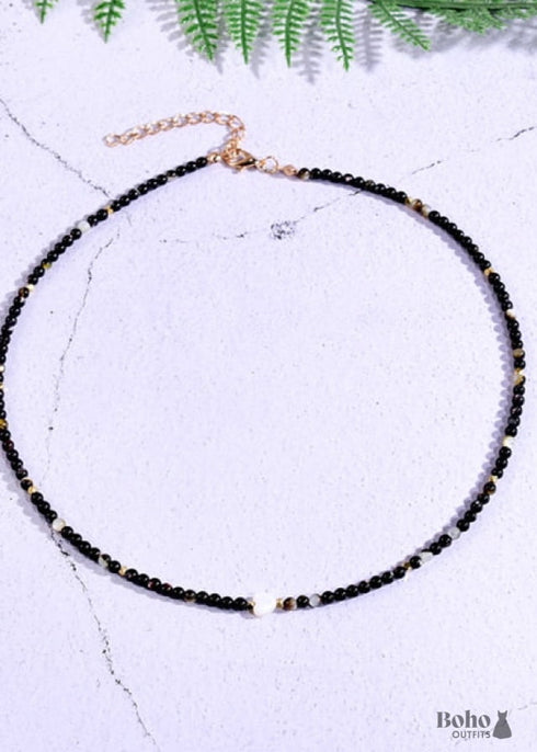 Boho Necklace,Seed Bead Choker, Black and White Crystal